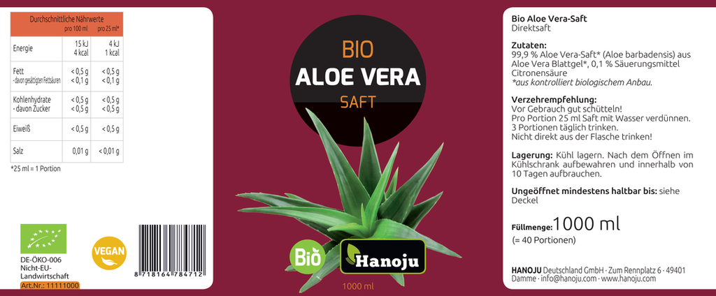Bio Aloe Vera Direktsaft mit 1200 mg – Hanoju Deutschland GmbH