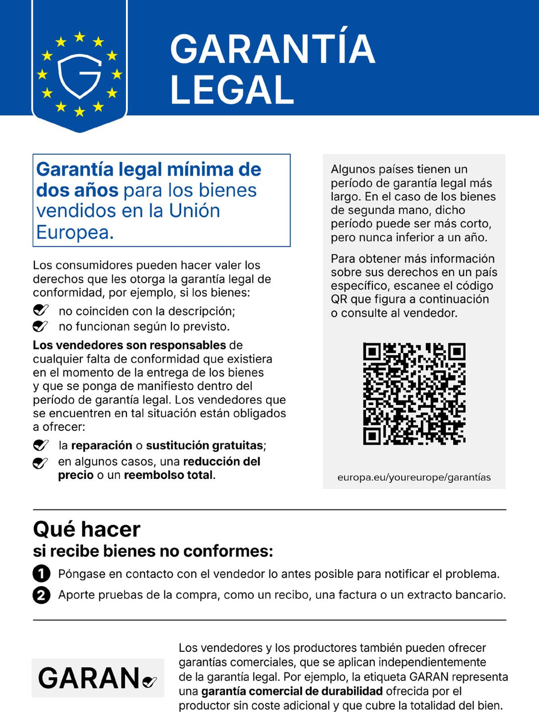 Aviso UE: garantía legal de conformidad