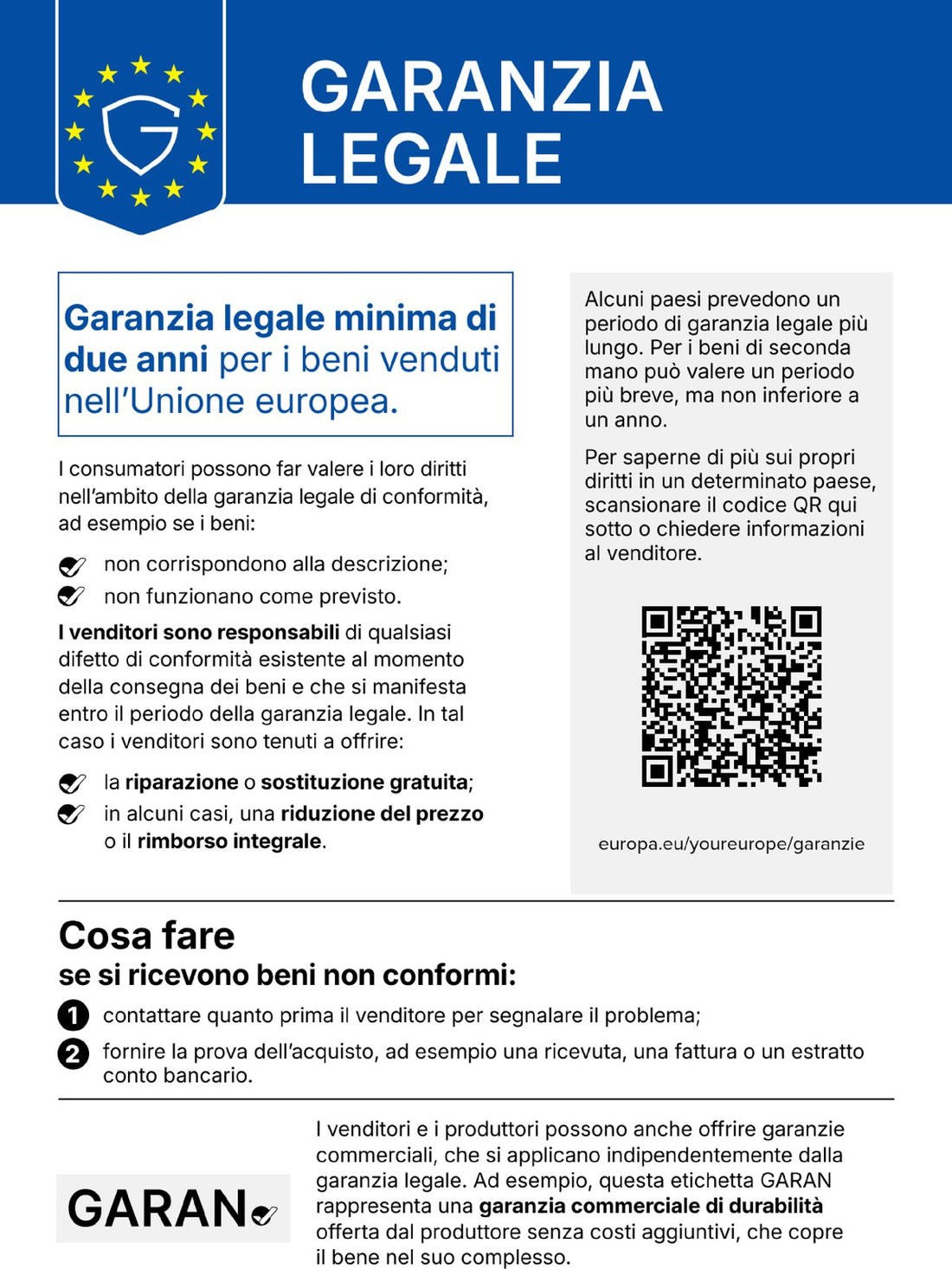 Avviso UE: garanzia legale di conformità