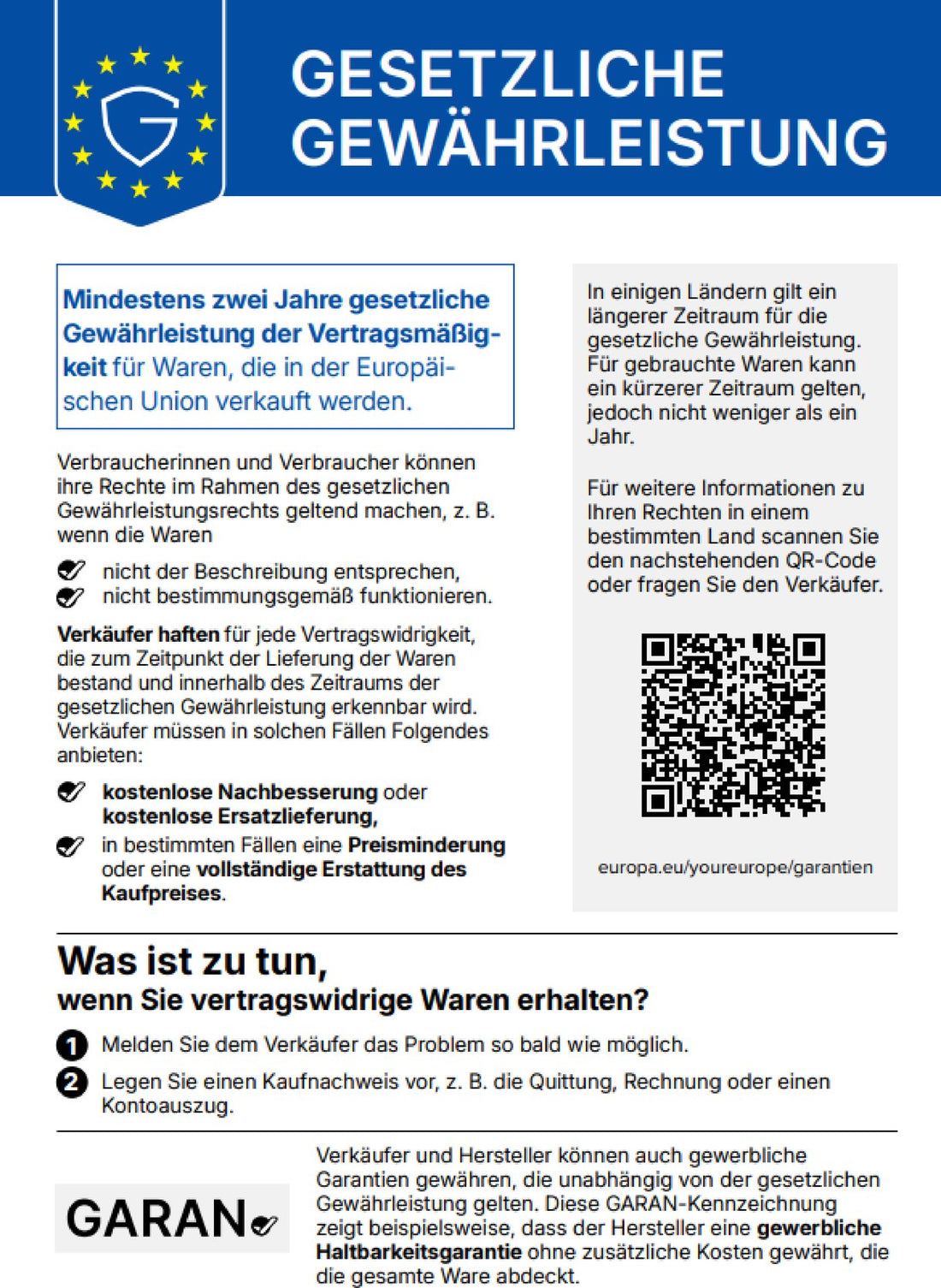 EU-Hinweis: Gesetzliche Gewährleistung – mindestens zwei Jahre gesetzliche Gewährleistung der Vertragsmäßigkeit für Waren, die in der Europäischen Union verkauft werden