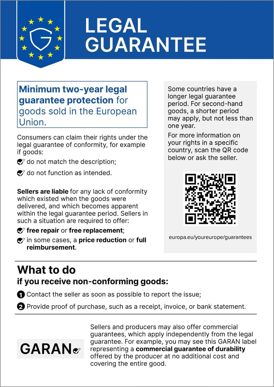 EU notice: legal guarantee of conformity – at least two years for goods sold in the European Union