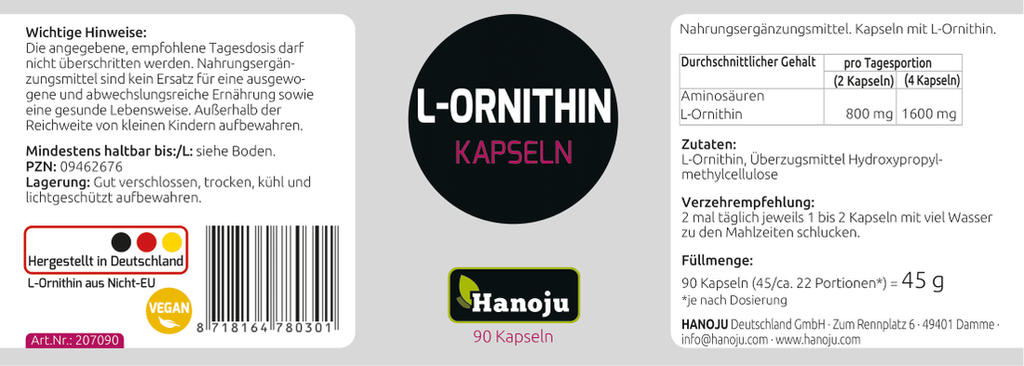 HANOJU L-Ornithin 400 mg, 90 Kapseln – Etikett