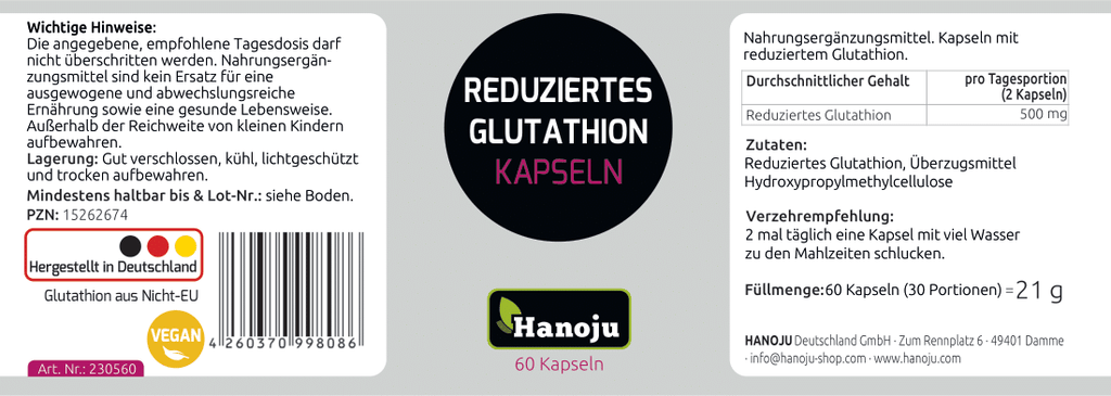 Glutathione reduced 250 mg, 60 capsules – Hanoju Deutschland GmbH
